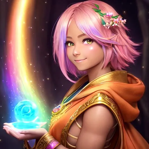 Prompt: oil painting, fantasy, Pixie girl, tanned-skinned-female, beautiful, short bright rainbow hair, straight hair, rosy cheeks, smiling, looking at the viewer, druid wearing intricate robes casting a spell, #3238, UHD, hd , 8k eyes, detailed face, big anime dreamy eyes, 8k eyes, intricate details, insanely detailed, masterpiece, cinematic lighting, 8k, complementary colors, golden ratio, octane render, volumetric lighting, unreal 5, artwork, concept art, cover, top model, light on hair colorful glamourous hyperdetailed medieval city background, intricate hyperdetailed breathtaking colorful glamorous scenic view landscape, ultra-fine details, hyper-focused, deep colors, dramatic lighting, ambient lighting god rays, flowers, garden | by sakimi chan, artgerm, wlop, pixiv, tumblr, instagram, deviantart