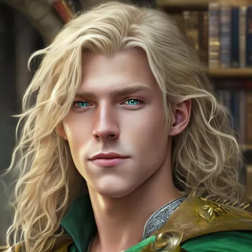 Prompt: photorealistic portrait of a handsome male wizard, blonde hair, green eyes, friendly face, adventurer, medieval fantasy setting library in the background,
