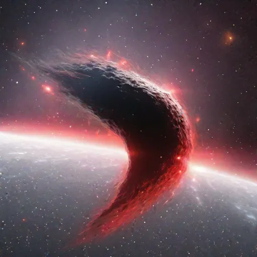 Prompt: A black hole absorbing a comet that is flying by with a red tail, comet stretching on event horizon, uhd