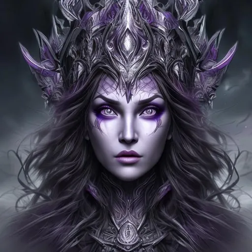 Prompt: Purple goddess of the dark forest beautiful hyper realistic face features hyper detailed forehead crown