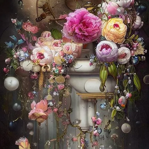 Prompt: realistic painted still life beautiful flowers by ambrosius bosschaet!!!!!, floating in the sky, daniel merriam art, muted colors, hyper realistic soft focus feathers, fantasy steampunk, spiral staircase, vintage pocketwatch, ambrosius bosschaert art, highly detailed blooms of peonies and roses and magnolias, iridescent water drops, crystal chandelier drops, glitter sparkles, infinite depth, incredibly detailed, ultra realistic, high index of refraction, hyper realistic elegant smooth sharp clear edges, sharp focus, wide angle perspective, ultra realistic, sense of high spirits, volumetric lighting, occlusion, Unreal Engine 5 128K UHD Octane, fractal, pi, fBm