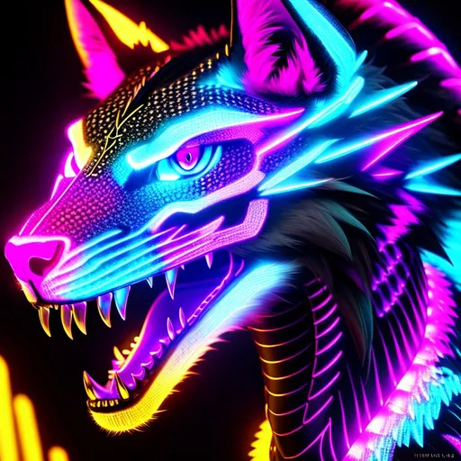Prompt: portrait of a roaring neon skeleton dragon with iridescent black markings and a cute face as well as holographic wolf ears and details, perfect composition, hyperrealistic, super detailed, 8k, high quality, trending art, trending on artstation, sharp focus, studio photo, intricate details, highly detailed