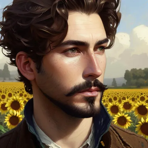 Prompt: Splash art portrait of ruggedly handsome, androgynous, feminine, dark brown haired man with short hair, very extremely light facial hair stubble, 30 years old, in a sunflower field, victorian light clothes, elegant, highly detailed, intricate, smooth, sharp focus, artstation, digital painting, concept art, art by greg rutkowski, alphonse mucha and John William Waterhouse, light, romantic, happy, soft, gentle, golden, warm, summer