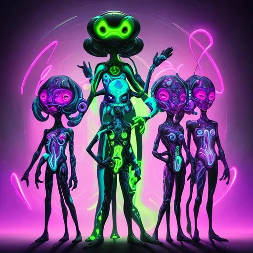 Prompt: Hypnotic illustration of a group of Aliens, standing characters, hypnotic, psychedelic art, pop surrealism, dark glow neon paint, mystical, Behance, 4k, 8k, UHD, professional, studio lighting, unreal engine