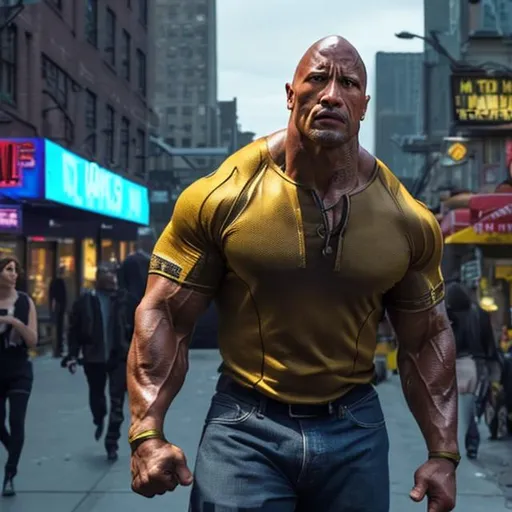 Prompt: Dwayne Johnson as Luke cage. 10k UHD, Muscular build, Hyper detailed, realistic, realistic city of Brooklyn