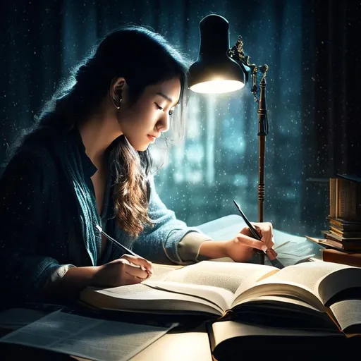 Prompt: A beautiful student lady studies alone at night before a difficult exam in the Dark Academia study room. It's the perfect time for deep focus. Lighting: diffuse night light and the light circle of an old desk lamp. Luis Royo, highly detailed work, dark blue ink and gold watercolor. Hyperrealistic, splash art, concept art, mid shot, intricately detailed, color depth, dramatic, 2/3 face angle,