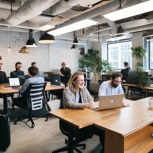 Prompt: a co-working community enjoying a generous and easy workspace