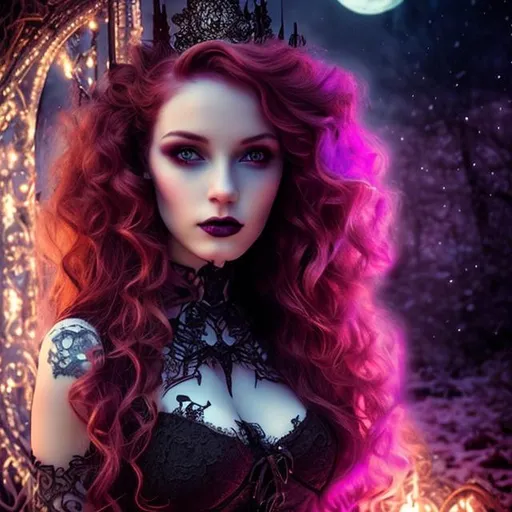 Prompt: HD, 4K, 3D, Stunning, magic, cinematic camera, gothic beauty, ethereal,gothic enchanted,gothic queen, light contrast, long curly redhead hair, gorgeous curly hair,lovely, romantic, tender, purple light, purple and green sunstrails, moon glow, perfect female beauty, intricate, pale traslucent skin, golden ratio, look in camera, gorgeous sinuous body, female body,gorgeous eyes