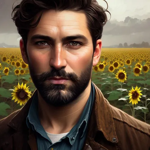 Prompt: Splash art portrait of ruggedly handsome dark brown haired man with short hair, with a light stubble, 30 years old, in a sunflower field, very dark brown eyes, victorian light clothes, elegant, highly detailed, intricate, smooth, sharp focus, artstation, digital painting, concept art, art by greg rutkowski, alphonse mucha and John William Waterhouse, light, romantic, 