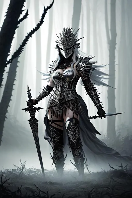 Prompt: full body portrait of a female beautiful sorceress wearing a spiked metal helm and mask stepping through mist in scale armor and white braid hair and metal arms and gauntlets and holding a barbed sword in front of misty forest at sunrise, dark fantasy, hyper realistic, hdr, micro details, anime details, perfect compensition western battle background, perfect composition, hyperrealistic, render, super detailed, 8k, high quality, trending art, trending on artstation, sharp focus, studio photo, intricate details, highly detailed, creative, hair, fan art, glistening, refracting, leaves