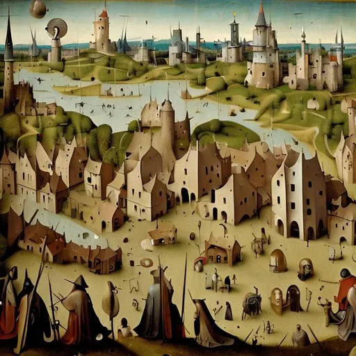 Prompt: medieval town view in the style of Hieronymus Bosch