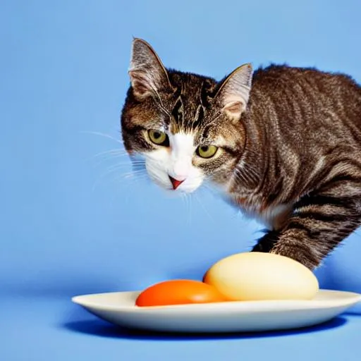 A cat eating an egg