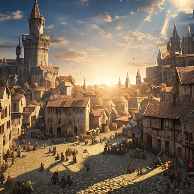 Scenic landscape medieval big city busy sun shining...