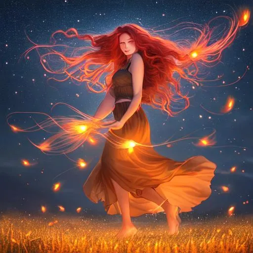 Prompt: A woman standing in a windswept field under a night sky with long red wavy hair, photorealistic face, dancing fireflies surround her, fantasy, surreal, beautiful, photorealistic, high quality, peaceful
