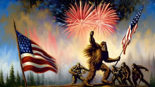 Prompt: Create an oil painting of Bigfoot in an American military uniform waving a USA flag with fireworks in the background d