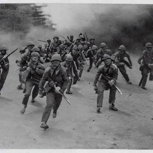 Prompt: A full squad of Japanese soldiers charging, all holding guns and yelling.