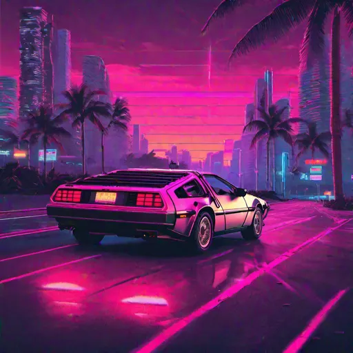 Prompt: delorean, synthwave, aesthetic cyberpunk, miami highway, dusk