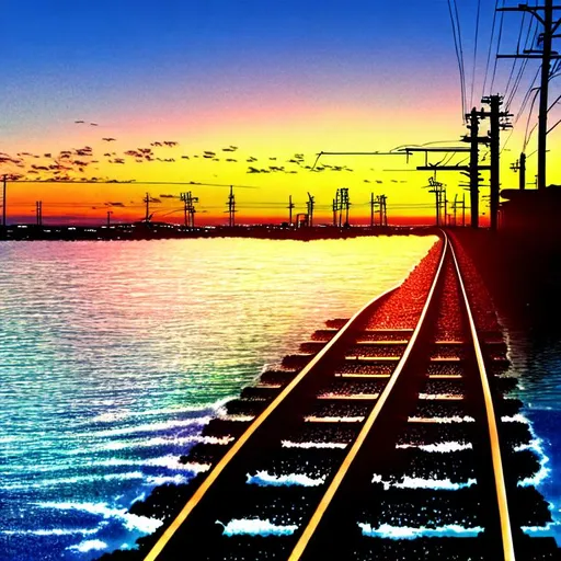 Prompt: train tracks in the ocean shallow water sunset power poles city in the distance nostalgic feeling