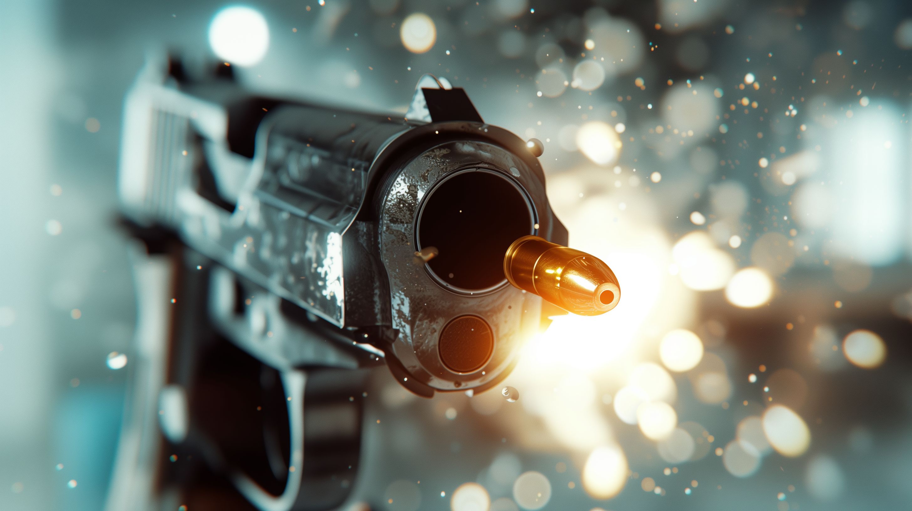 Prompt: a highly detailed picture of the muzzle of a gun looking directly into the barrel, seeing a bullet discharging from the front of the gun, the image takes place in a brightly lit white showroom --v 6.0 --ar 16:9