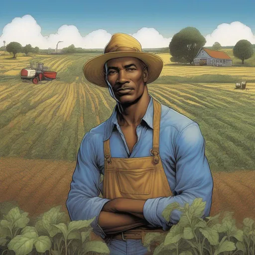 Prompt: African American man who's a farmer, illustrated by Grant Morrison