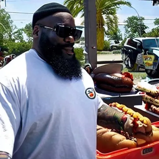 Prompt: Rick Ross working at a hot dog stand