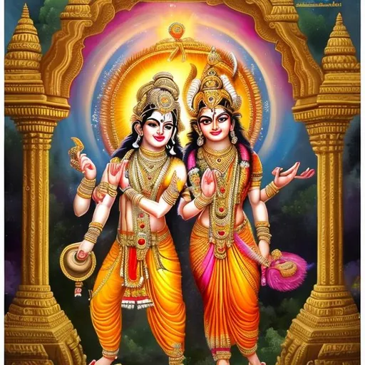 Prompt: A painting of hindu god rama with sita 

