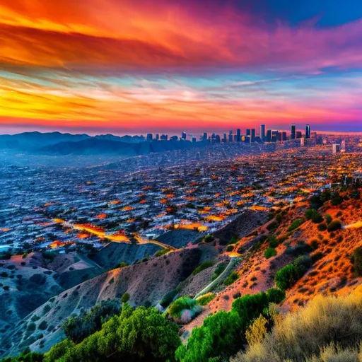 Prompt: long shot scenic professional photograph of {Los Angeles}, perfect viewpoint, highly detailed, wide-angle lens, hyper realistic, with dramatic sky, polarizing filter, natural lighting, vivid colors, everything in sharp focus, HDR, UHD, 64K