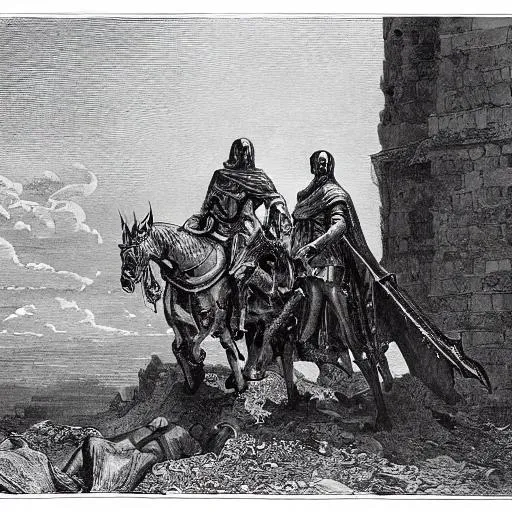 Prompt: Crusaders in an abandoned medieval castle with vampires lurking in the art style of Gustave Dore