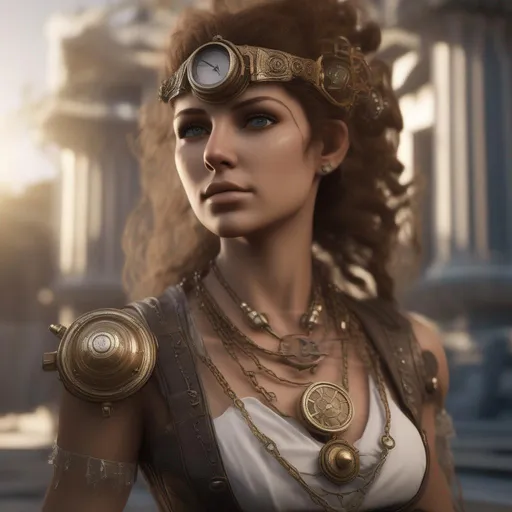 Prompt: greek goddess in steampunk style, lots of details, photorealistic, hyperrealistic, unreal engine