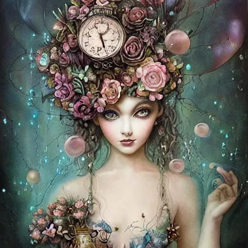 Prompt: realistic painted still life beautiful flowers by ambrosius bosschaet!!!!!, nicoletta ceccoli, daniel merriam art, jennifer healey art, fantasy art, renaissance gown, bubbles floating in the sky, iridescent water drops, crystal chandelier drops, cracked beautiful porcelain doll face, glitter sparkles, steampunk symmetrical face, daniel merriam art, steampunk, cracked clock pieces floating in sky, hyper realistic flower bouquet painting,  soft shadows, stunning, dreamy, elegant, perfect face, sparkles, Beautiful goddess, Haute Couture, princess dress, joseph karl steiler art, muted colors, fairy wings, symmetrical steampunk, muted colors, fairy wings, architecture illustrations 1800s, garden of roses and peonies background, ultra detailed, soft lighting, infinite depth, incredibly detailed, ultra realistic, high index of refraction, hyper realistic elegant smooth sharp clear edges, wide angle perspective, ultra realistic, sense of high spirits, volumetric lighting, occlusion, Unreal Engine 5 128K UHD Octane, fractal, pi, fBm