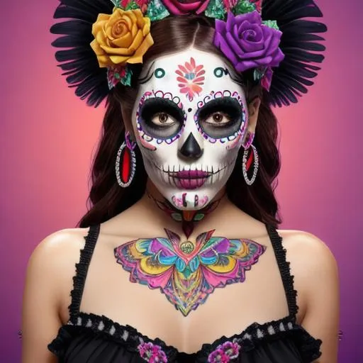 Prompt: Full body portrait of a woman in a sugar skull mask, full lips, detailed, colorful, award-winning CGI, HD, amazing