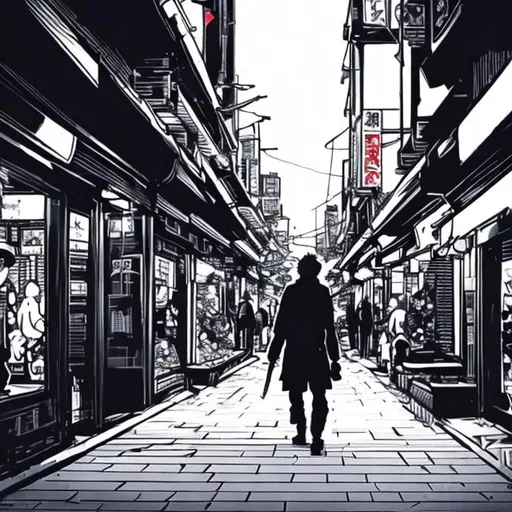 Prompt: musashi walking alone in a busy street of a urban city 