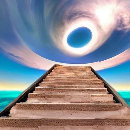 Prompt: An infinite, mystical sky staircase that you enter just at the beginning
