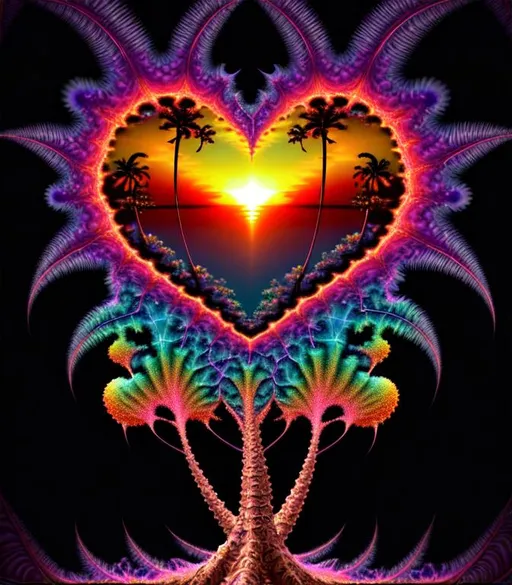 Prompt: Dark, Tropical 3D HD Mandelbrot Julia Fractal plasma {heart}sunset ({Palm}Tree) freeform psychedelic chaos ultra HD, digital painting,  Beach background, uber detailed, 64k, high quality, sharp focus, studio photo, intricate details, highly detailed --s98500