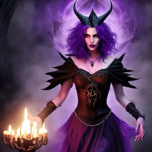 Prompt: sorceress in a short black and purple dress performing a satanic ritual, with beautiful face