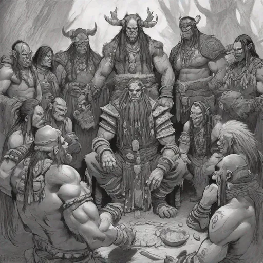 Prompt: a warcraft orc shaman gives a blessing to the warriors of his clan as they prepare for battle