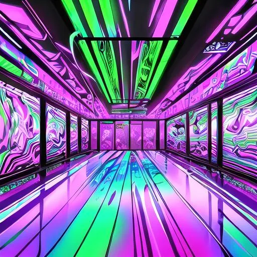 Prompt: As you enter the room, a wave of neon colors and trippy patterns washes over you. The acidwave aesthetic is in full force here, with walls covered in bold, abstract designs and flickering fluorescent lights casting everything in a surreal glow. The music is a heady mix of glitchy beats and distorted vocals, pulling you further into the dreamlike atmosphere. It's like stepping into a hallucination, where nothing is quite as it seems and reality is a fluid, ever-shifting thing. In this acidwave world, anything is possible and everything is a little bit warped.