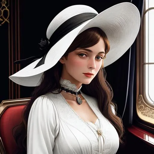 Prompt: Titanic 1st class woman passenger, stylish clothes,  fancy hat, 1912,  facial closeup
