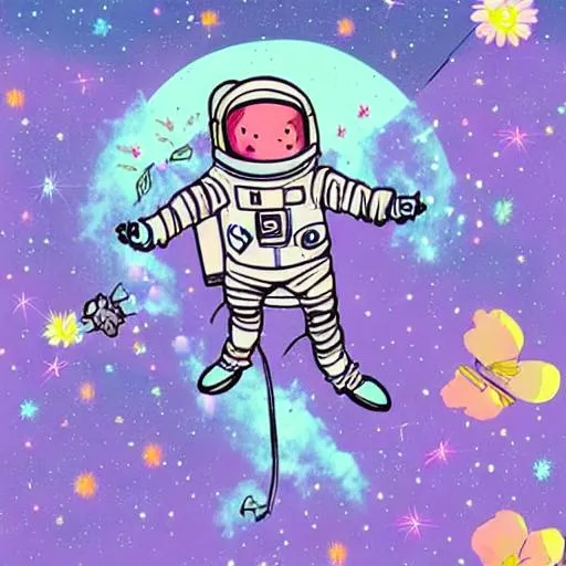 Prompt: 
Realistic astronaut, walking on a planet flowers with butterflies all around him all flowers, pastel fantasy aesthetic 
