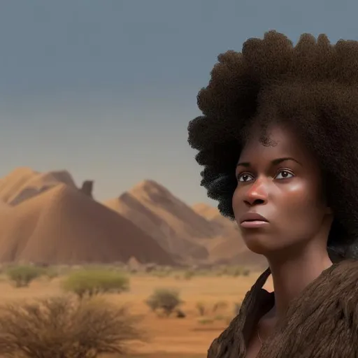 Prompt: Hyper realistic  image of a distraught black woman with Afro,  staring at an African arid landscape 