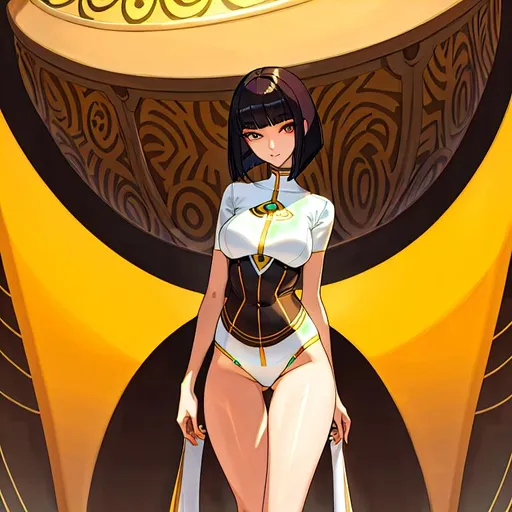 Prompt: a lonely AI girl, very tall, thick thighs, wide hips, long legs, slender arms, slender waist, big beautiful symmetrical eyes, intriguingly beautiful face, aloof expression, bob haircut with bangs, African art style, 12K resolution, hyper quality, hyper-detailed, hyper-realistic, hyper-professional