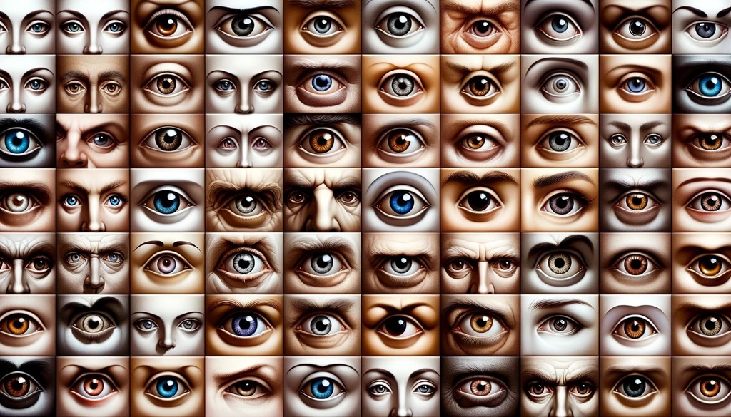 Prompt: many different faces on display are stacked in squares, in the style of expressive eyes, digital airbrushing, selective focus, wimmelbilder, ashcan school, light bronze and black, neo-pop mixed media