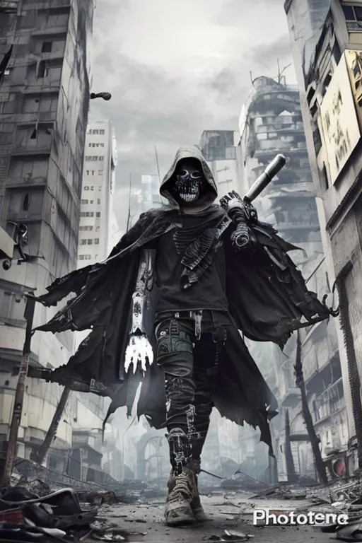 Prompt: Man in post apocalyptic city. He wears a white skull mask, black clothes, a gray tattered vest, and a tattered hooded cloak. He has a robotic right arm with glossy white and black plating and outstretched claws, and his other arm is covered in white black and blue markings.