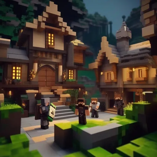 Prompt: ((A dark and medieval fantasy world comes to life in a stop motion action movie inspired by Minecraft.))