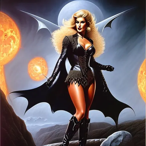 Prompt: Full body DEMI MOORE pinup of attractive vampire woman, tattoo, FANTASY ART, blonde hair, silver outfit, BORIS VALLEJO 