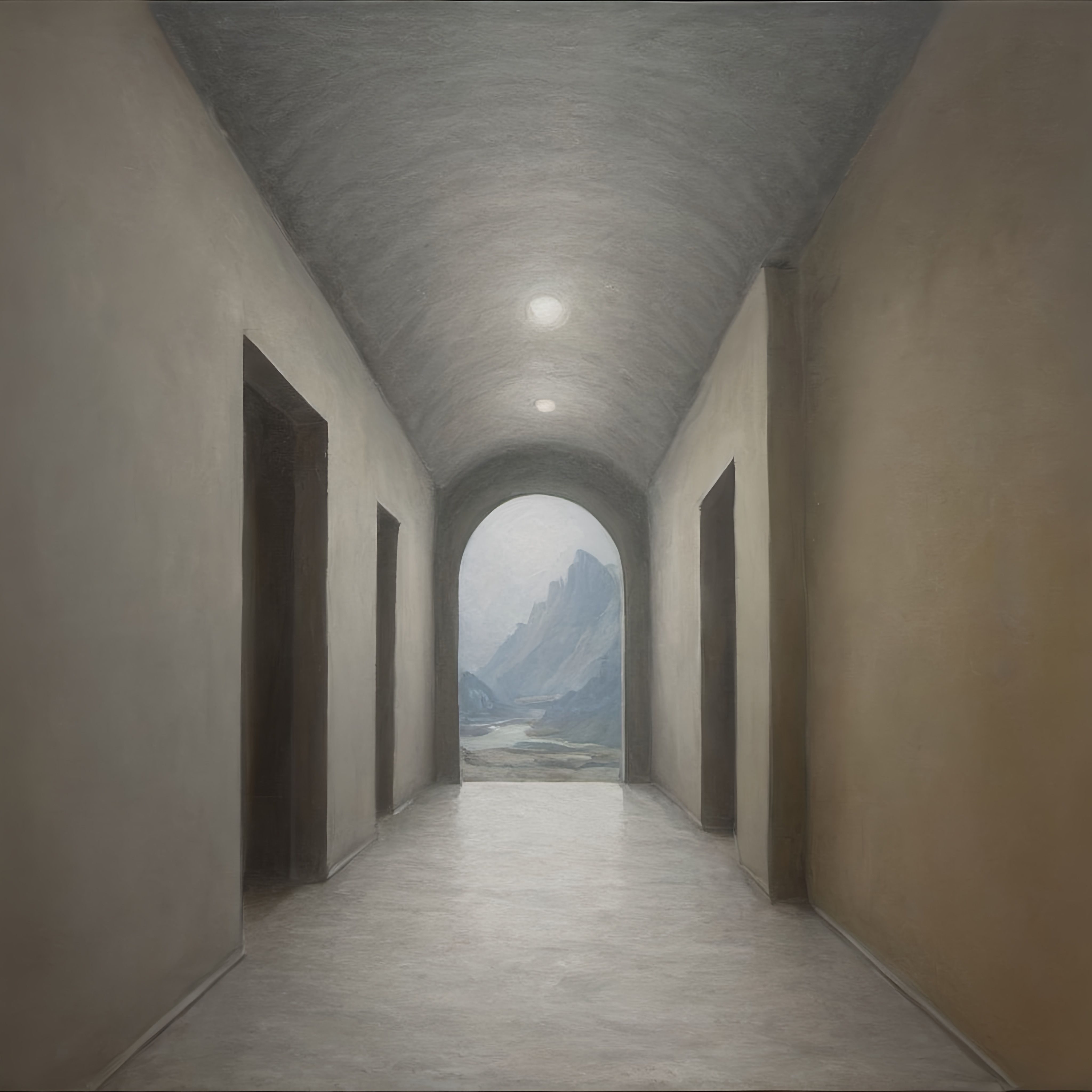 Prompt: a painting of a hallway with a view of mountains, metaphysical painting