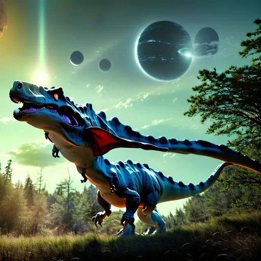 Prompt: a stone dino dragon in a forest with a big planet in the backgroung in the nigth sky the dino hase a human in its mouth you can also see a black hole in the sky, 8k ultra hyper realistic resalution, --ar 16:9