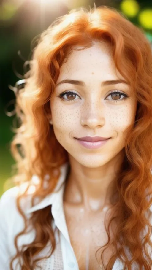 Prompt: Portrait of Ginger light brown-skinned frecked woman, freckles, turned up small nose, long wavy ginger wet hair, delicate lips, cute face, pure, sweet smile ((white open shirt)), ((shy)), sun from behind, sun on hair, 40 years old, thin, mature beauty

Ultra high definition, stylized picture, highly detailed, intricated, 8K, filigree 