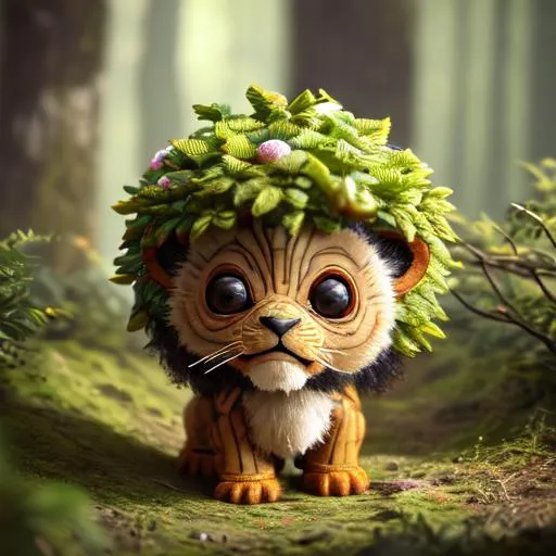 Prompt: physical render engine of a tiny cute and adorable baby droid lion in a forest, 3d render, cartoon, hyper realistic, highly detailed, intricate details, surrealism, super cute, trending on artstation
