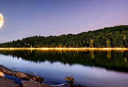 Prompt: long shot scenic professional photograph of the golden full moon rising on the horizon over a calm lake surrounded by the wooded shoreline, pale light blue moonlight, stars, perfect viewpoint, highly detailed galaxy background, wide-angle lens, hyper-realistic, with dramatic sky, polarizing filter, natural lighting, vivid colors, everything in sharp focus, HDR, UHD, 64K, soft colors, natural colors, 